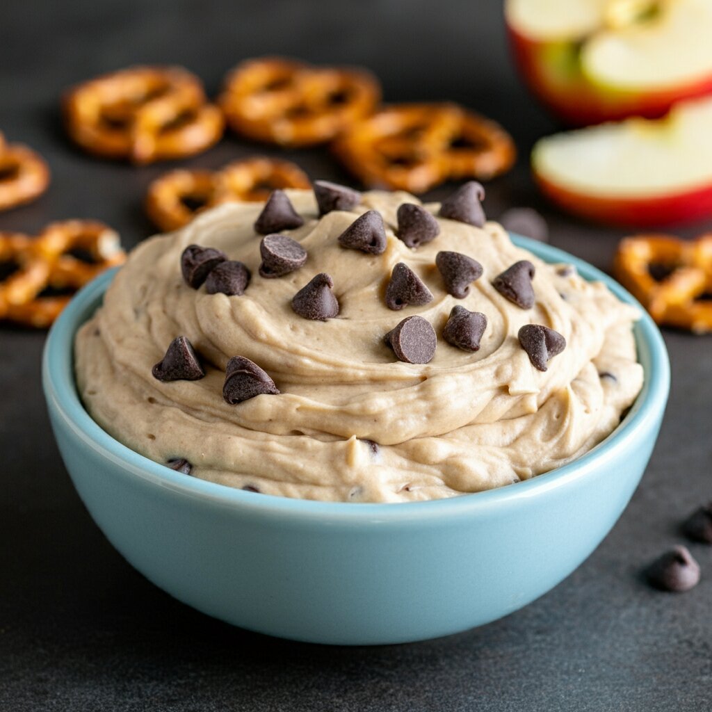3 Points WW Cookie Dough Dip Handheld shot of creamy cookie dough dip in a blue bowl, topped with chocolate chips. Pretzels and apple slices around, casual kitchen setting with natural light.