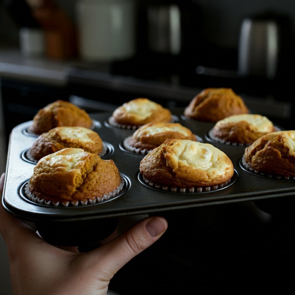 Pumpkin Cream Cheese Muffins Freshly baked pumpkin cream cheese muffins captured from a casual, top-down angle.