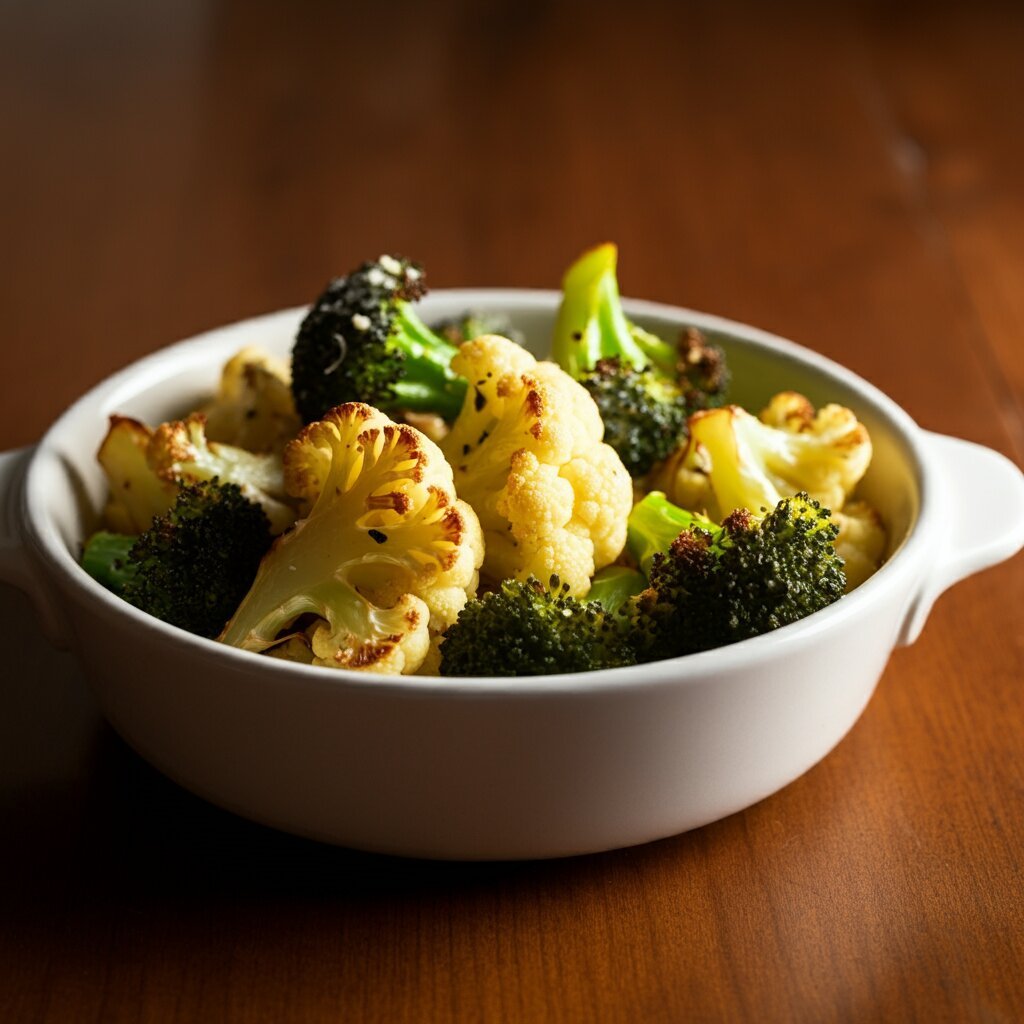 Crispy Parmesan Roasted Cauliflower and Broccoli
A handheld shot of roasted cauliflower and broccoli with crispy edges and melted parmesan in a white bowl, placed on a wooden table.