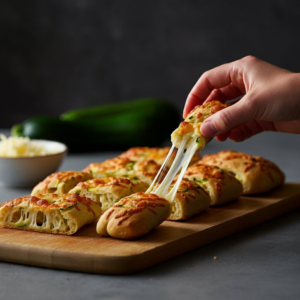 WW Cheesy Zucchini Breadsticks (3 Points) Side shot of baked zucchini breadsticks on a cutting board, with a hand reaching for one.