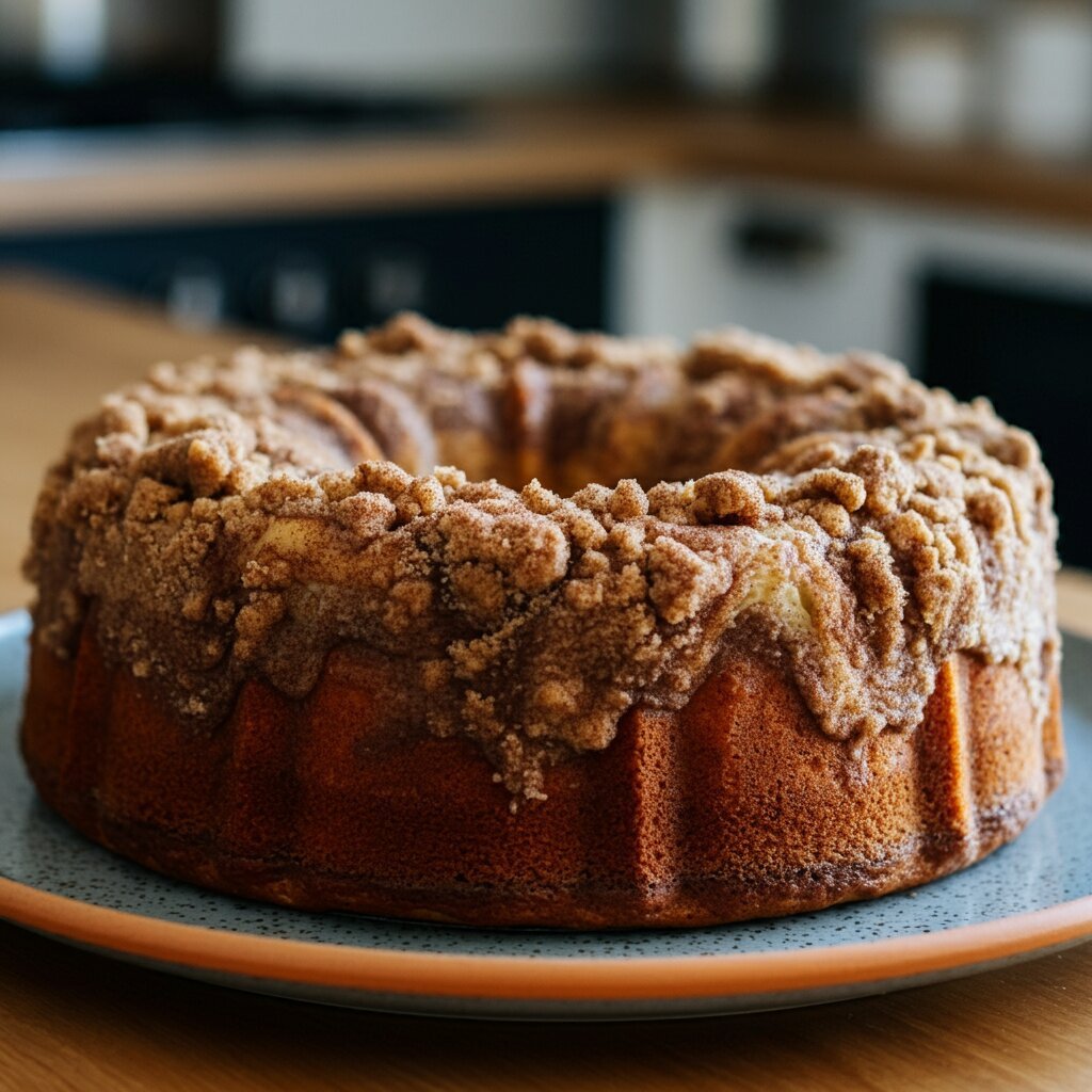 Lightened Up Coffee Cake Close-up of a coffee cake slice showing cinnamon swirl layers, taken at a slight tilt with natural light.
