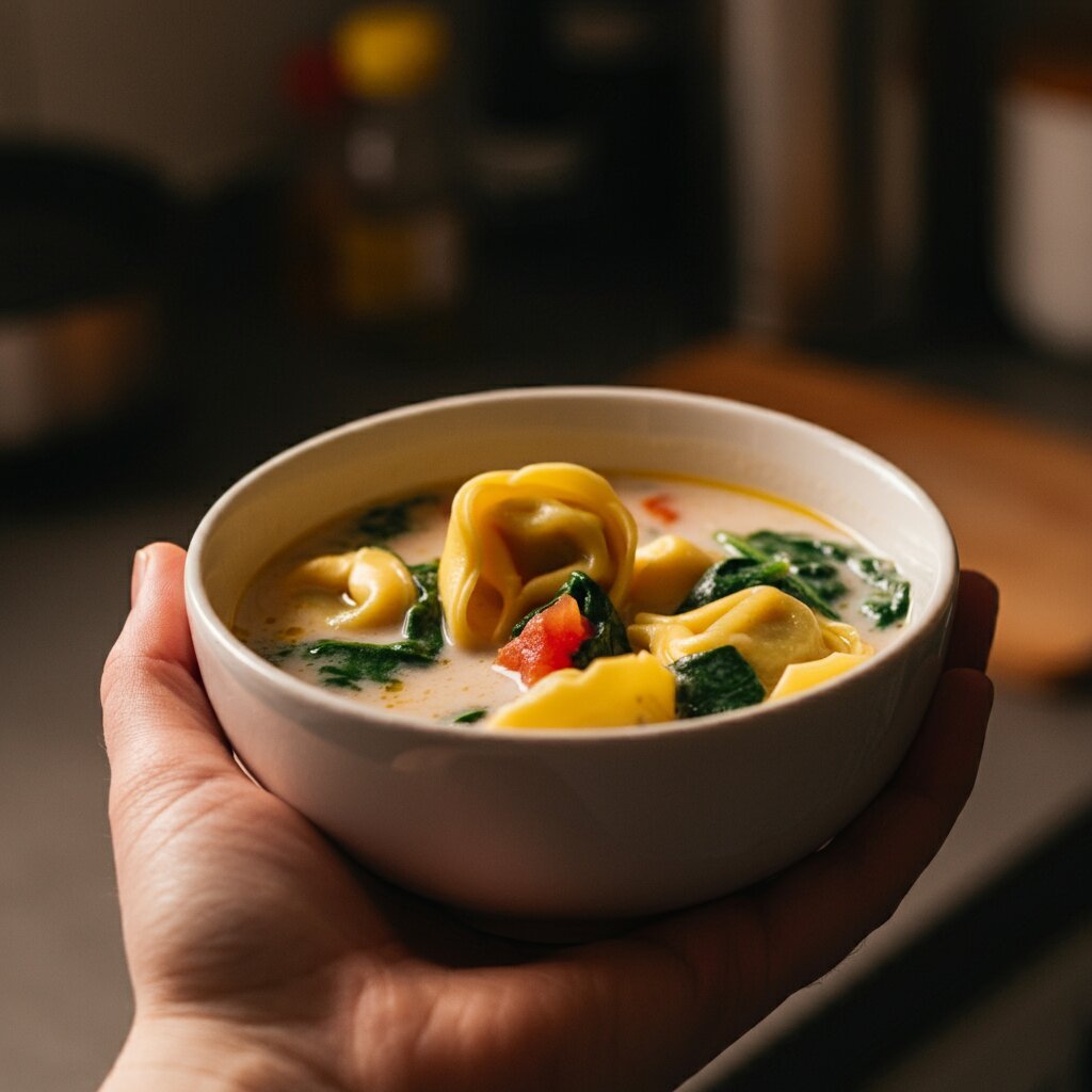 Creamy Weight Watchers Tortellini Soup Casual photo of creamy tortellini soup with spinach and tomatoes, captured from a mobile phone, showing a homemade, cozy vibe.