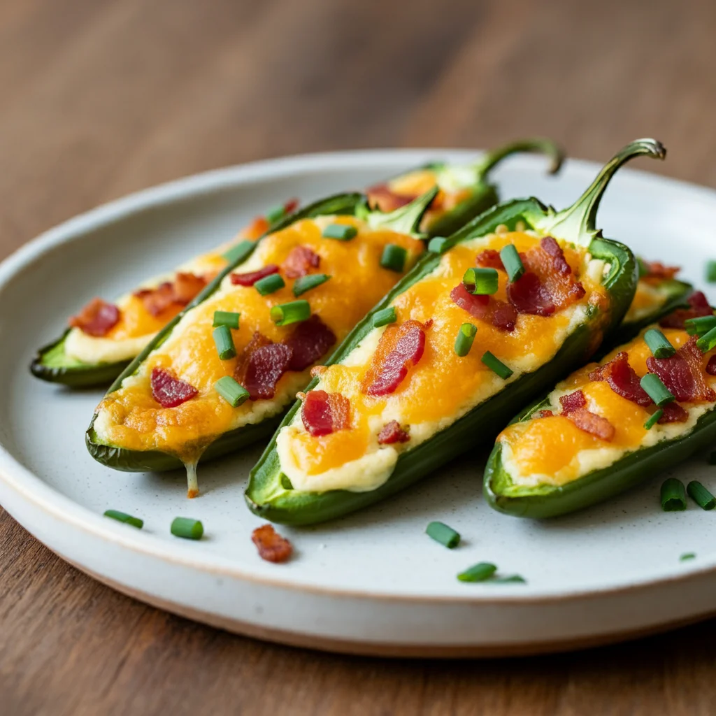 Keto Jalapeño Poppers
Keto Jalapeño Poppers Angled photo of Keto Jalapeño Poppers on a white plate, showing melted cheese and bacon against a wooden background.