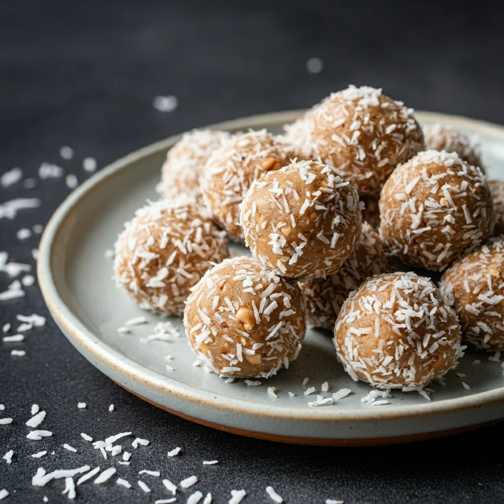 Peanut Butter Balls (Low Carb) Peanut butter balls coated in coconut on a ceramic plate, taken from a hand-held mobile.