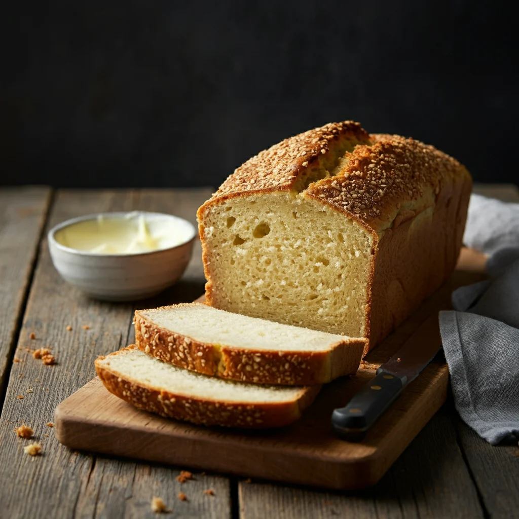 Keto Sweetened Condensed Milk Bread Freshly baked Keto Sweetened Condensed Milk Bread with slices cut on a wooden table.