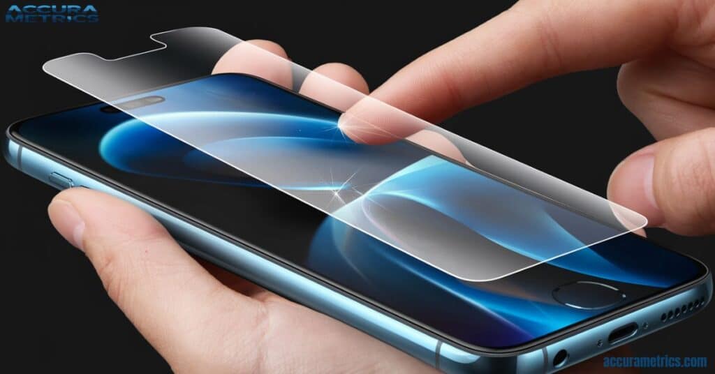 Close up of a smartphone with a 2mm screen protector, showing protection without affecting touch sensitivity.