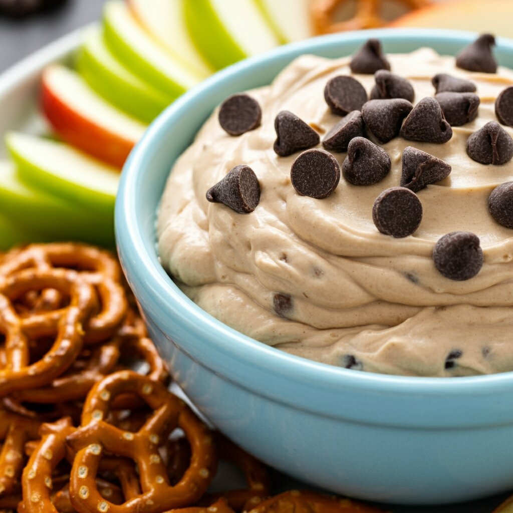 3 Points WW Cookie Dough Dip Handheld shot of creamy cookie dough dip in a blue bowl, topped with chocolate chips. Pretzels and apple slices around, casual kitchen setting with natural light.