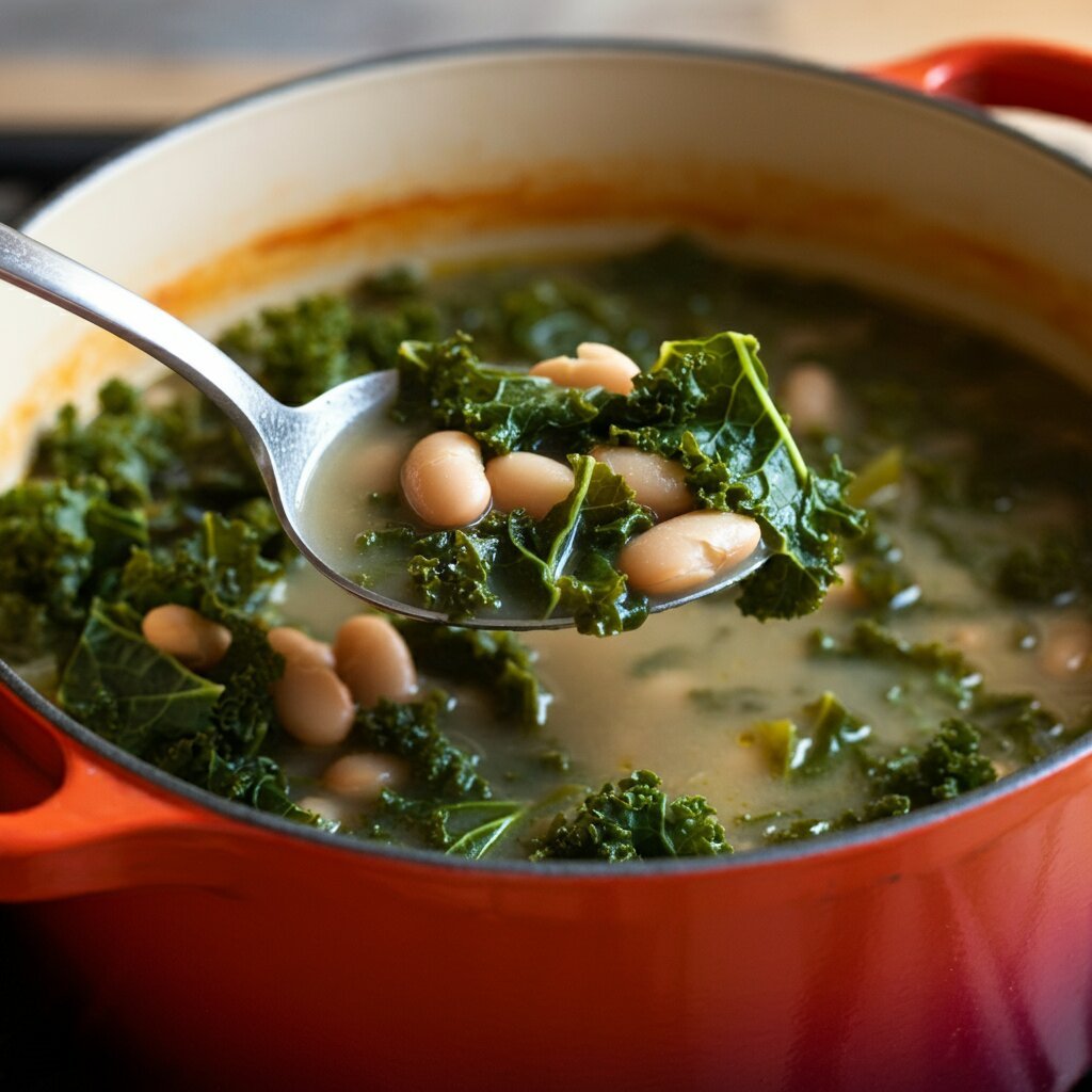 WW White Bean and Kale Soup Side-angle mobile shot of a spoon resting in a pot of white bean and kale soup, highlighting beans, kale, and vegetables in a cozy setting.