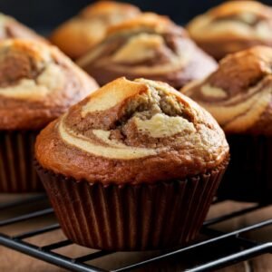 Pumpkin Cream Cheese Muffins Close-up side view of pumpkin cream cheese muffins with creamy swirls on a cooling rack.