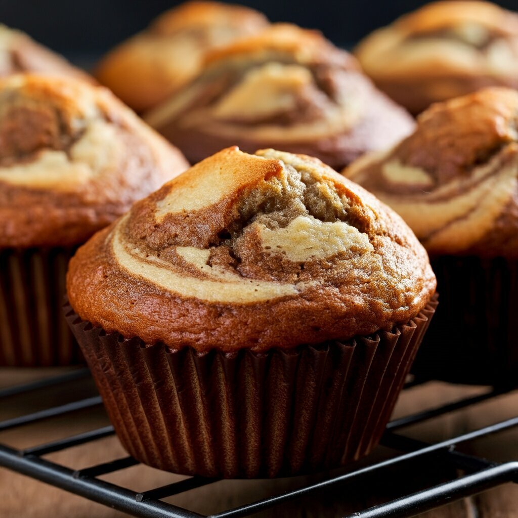 Pumpkin Cream Cheese Muffins Close-up side view of pumpkin cream cheese muffins with creamy swirls on a cooling rack.