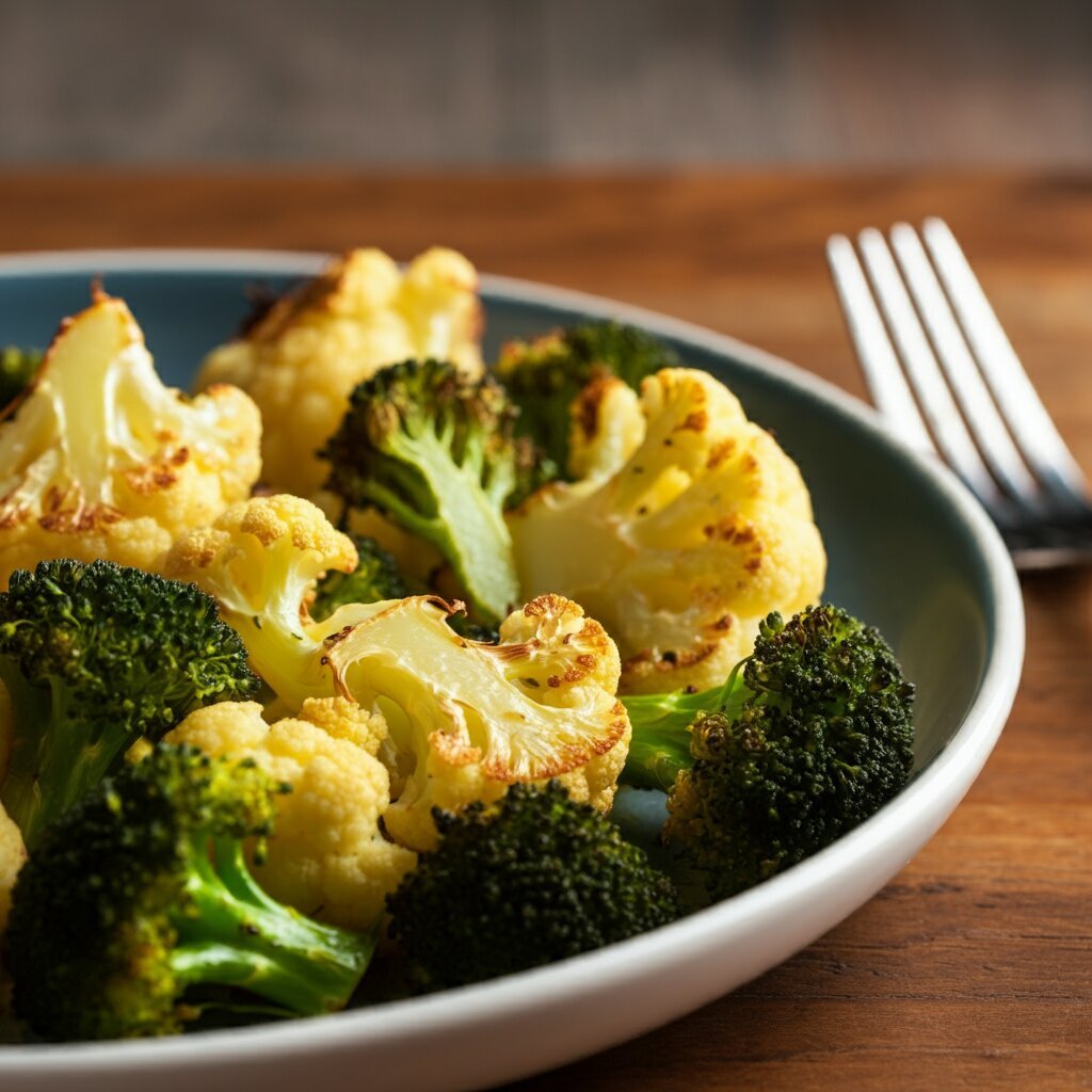 Crispy Parmesan Roasted Cauliflower and Broccoli A close-up, side-angle shot of crispy roasted broccoli and cauliflower, illuminated by soft daylight, with a fork beside the dish on a wooden table.