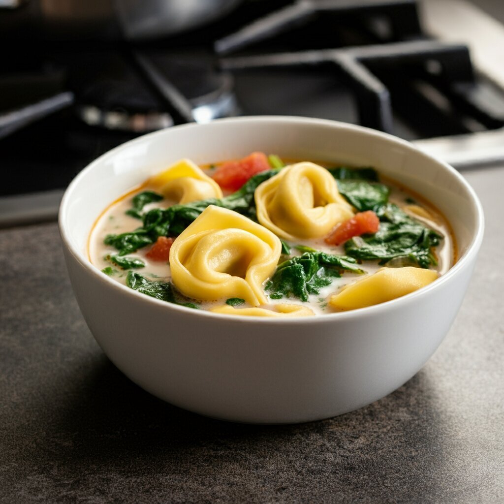 Creamy Weight Watchers Tortellini Soup Close-up handheld shot of tortellini soup with creamy broth, spinach, and tomatoes, taken from a different angle for a real-life, casual feel.