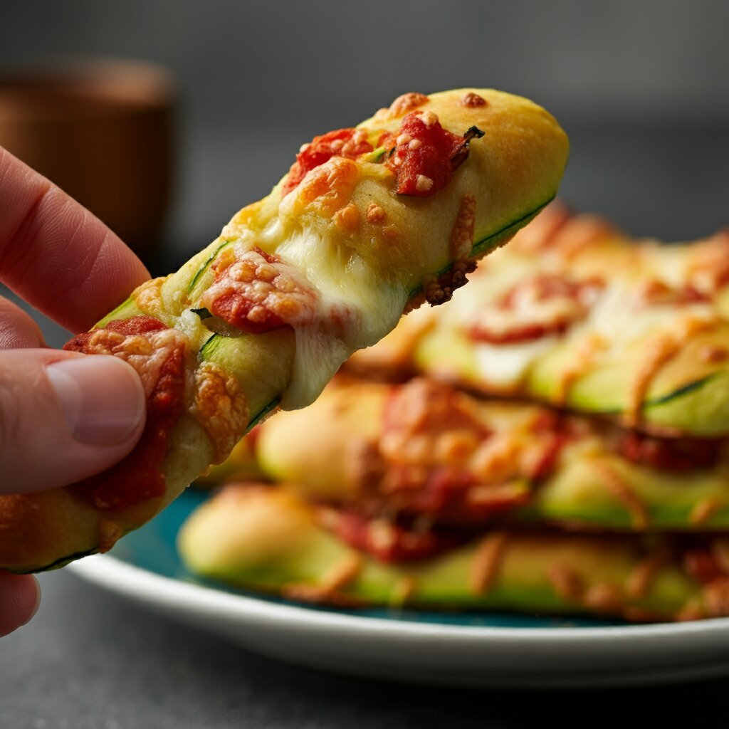 WW Cheesy Zucchini Breadsticks (3 Points) Close-up of a hand holding a golden zucchini breadstick, with more on a plate in the background.