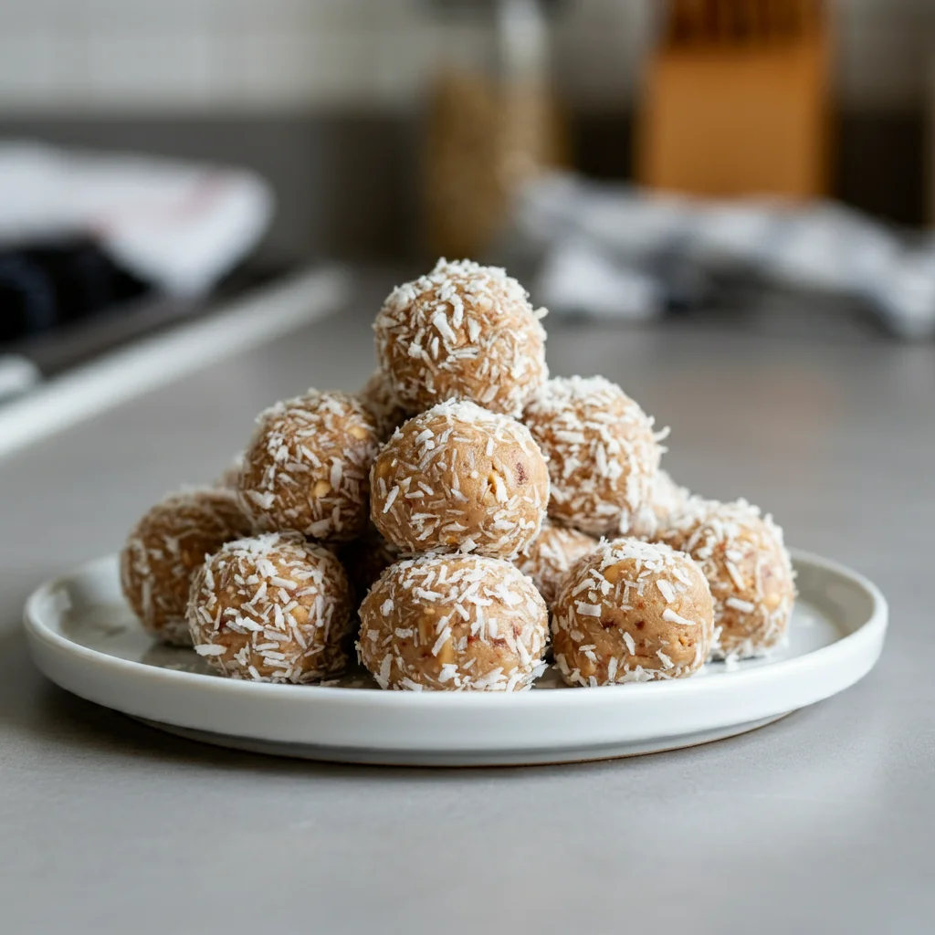 Peanut Butter Balls (Low Carb) Side-angle shot of peanut butter balls on a plate, taken with a mobile phone.