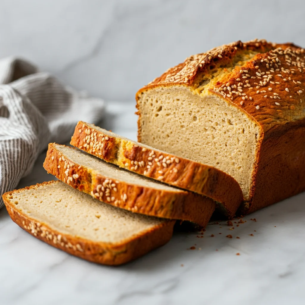 Keto Sweetened Condensed Milk Bread Keto Sweetened Condensed Milk Bread on a marble countertop with sliced pieces beside it.
