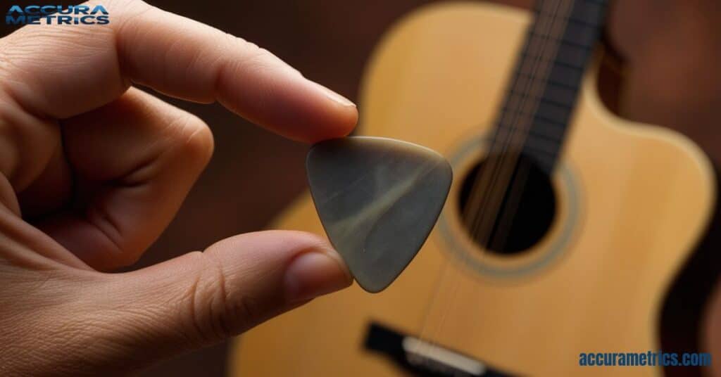 A person holding a 3 inches guitar pick.