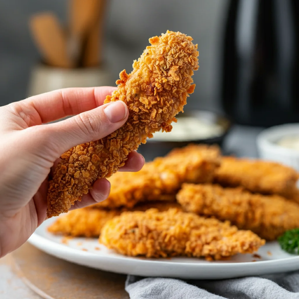 Keto Air Fryer Naked Chicken Tenders Close-up of a hand holding a crispy keto chicken tender, with more tenders on a white plate in the background, taken in a clean, well-lit kitchen."