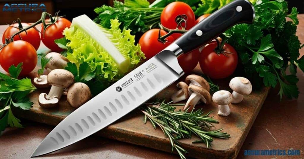 A 30 Centimeters chef's knife on a cutting board with fresh vegetables in a kitchen setting.