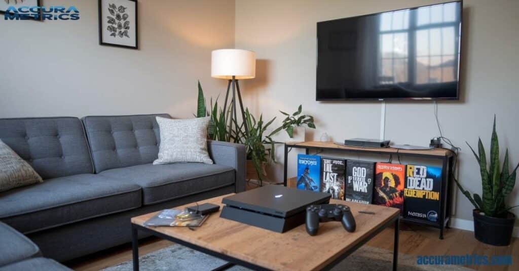 A PlayStation 4 console set up in a stylish living room with gaming controllers