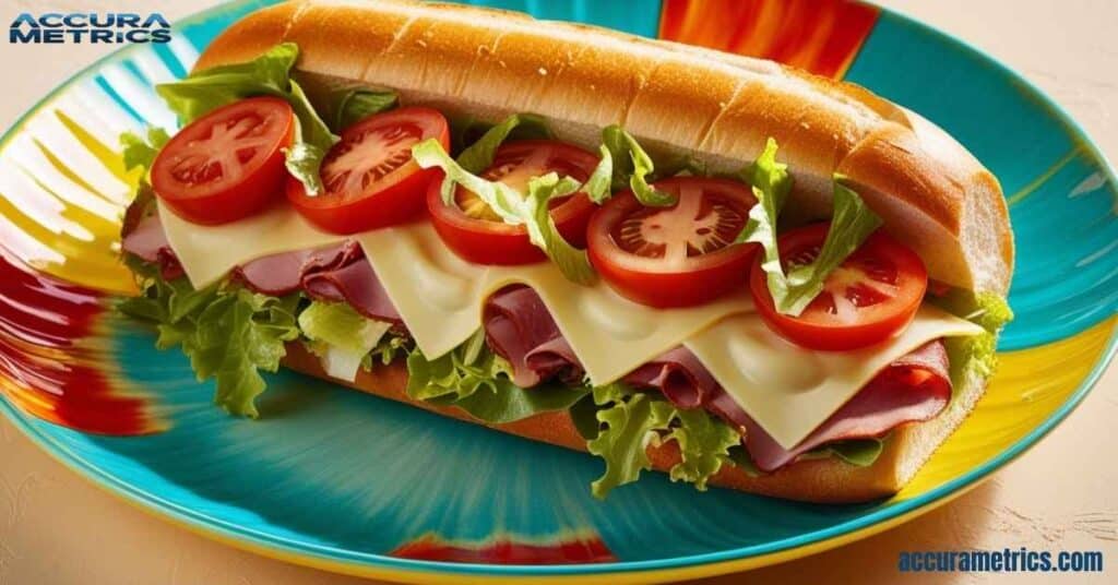 A Subway sandwich with fresh ingredients, measuring around 30 centimeters in length, ready to be enjoyed.