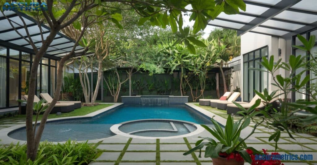 A 5 meters backyard pool scene, perfect for relaxation and casual swimming.