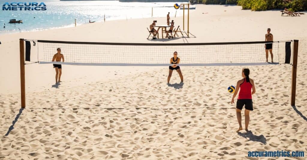 A beach volleyball court bustling with activity, perfect for casual play.