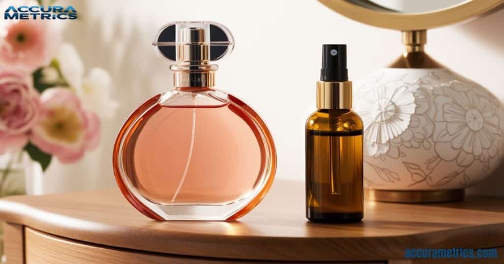 A beautifully designed perfume bottle and a decorative essential oil bottle on a wooden vanity, showcasing the world of fragrances without measurements.