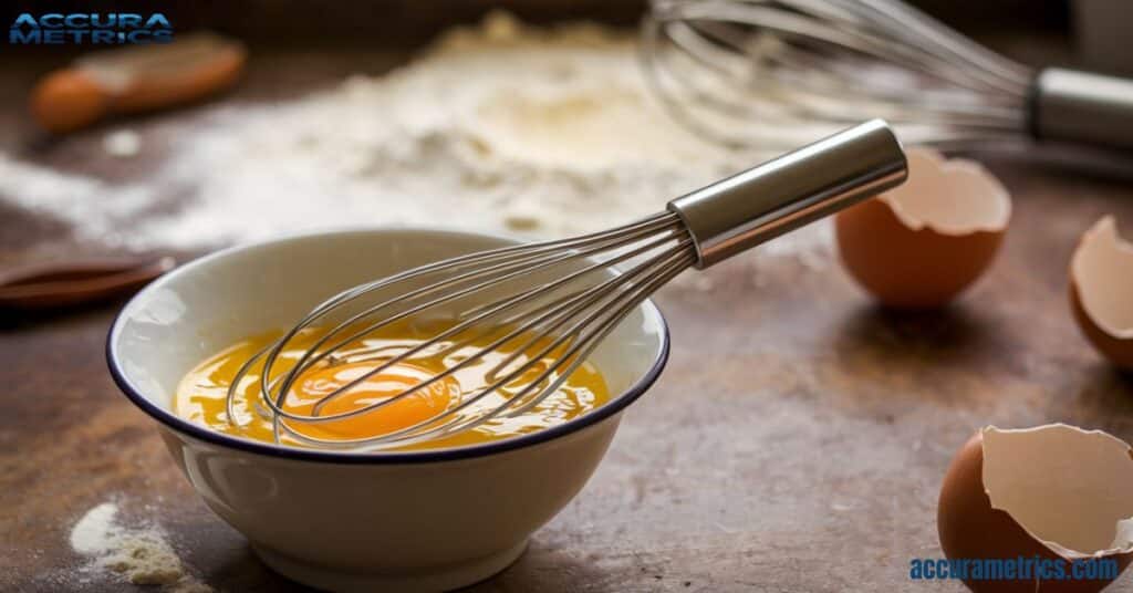 A bowl of whisked eggs representing that two large eggs contain of liquid, useful for baking substitutions.