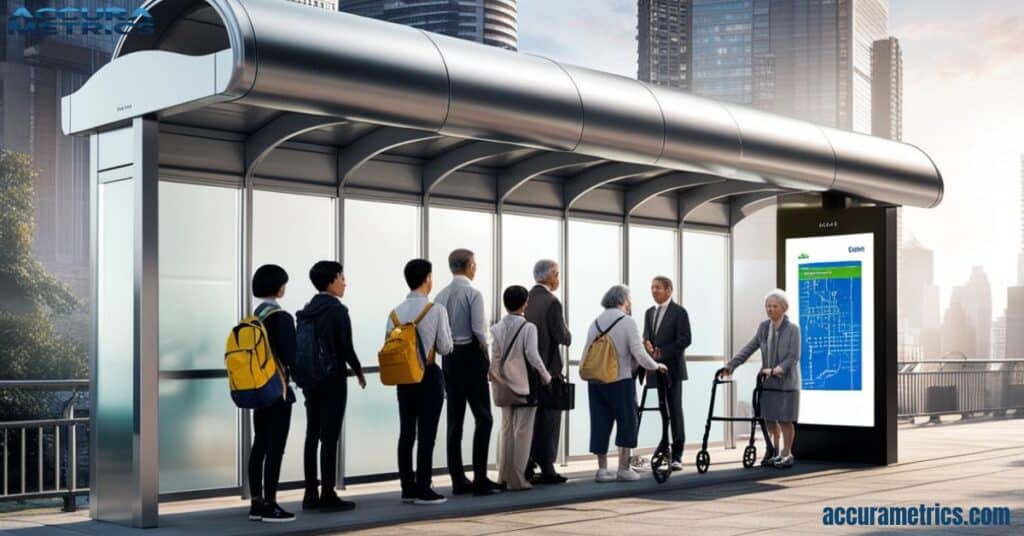 A bus stop shelter providing coverage for passengers in an urban setting.