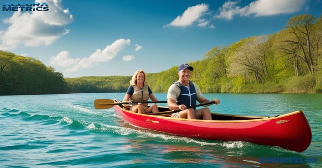 A canoe on a calm lake, illustrating leisure and outdoor adventure.