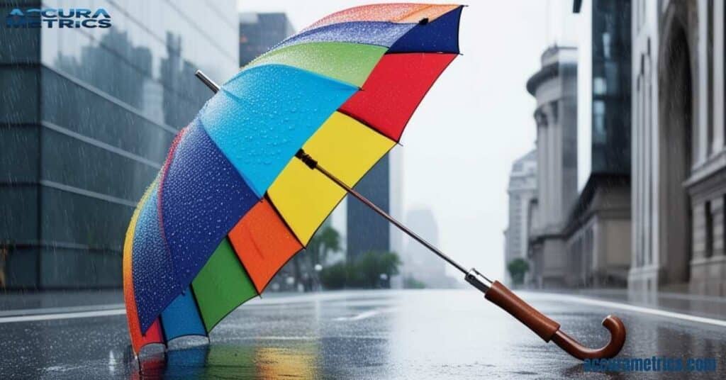 A colorful travel umbrella opened in a city street during light rain.