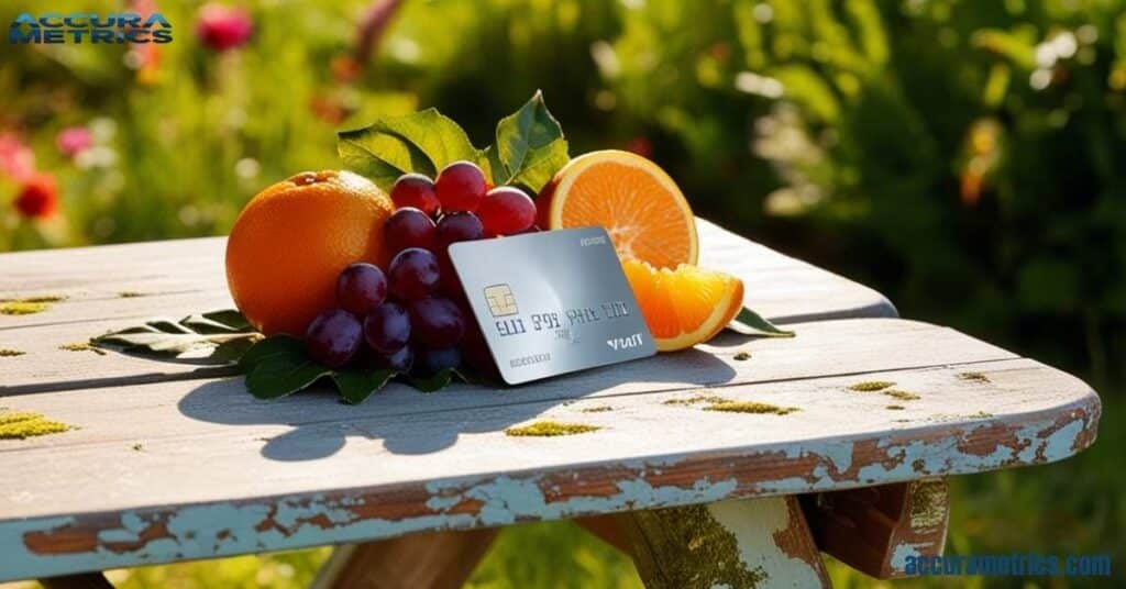 A debit card displayed on a picnic table with fruits, showcasing its width