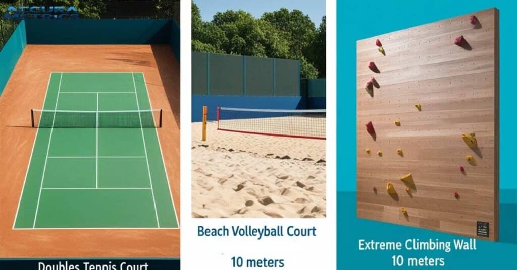 A doubles tennis court measuring , a beach volleyball court with a combined playing area, and high extreme climbing wall.