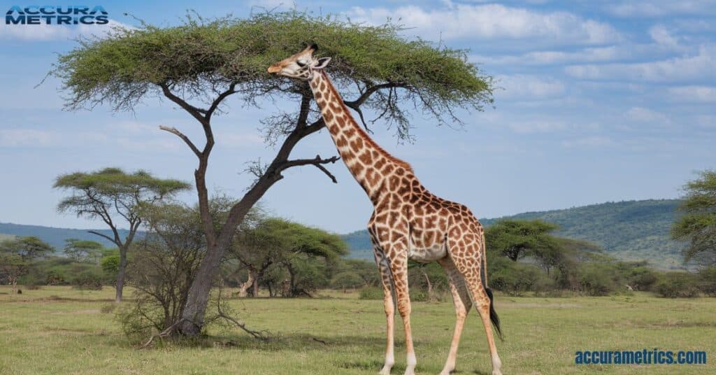 5 meters giraffe in the savanna, illustrating its impressive height against the backdrop of a clear blue sky.