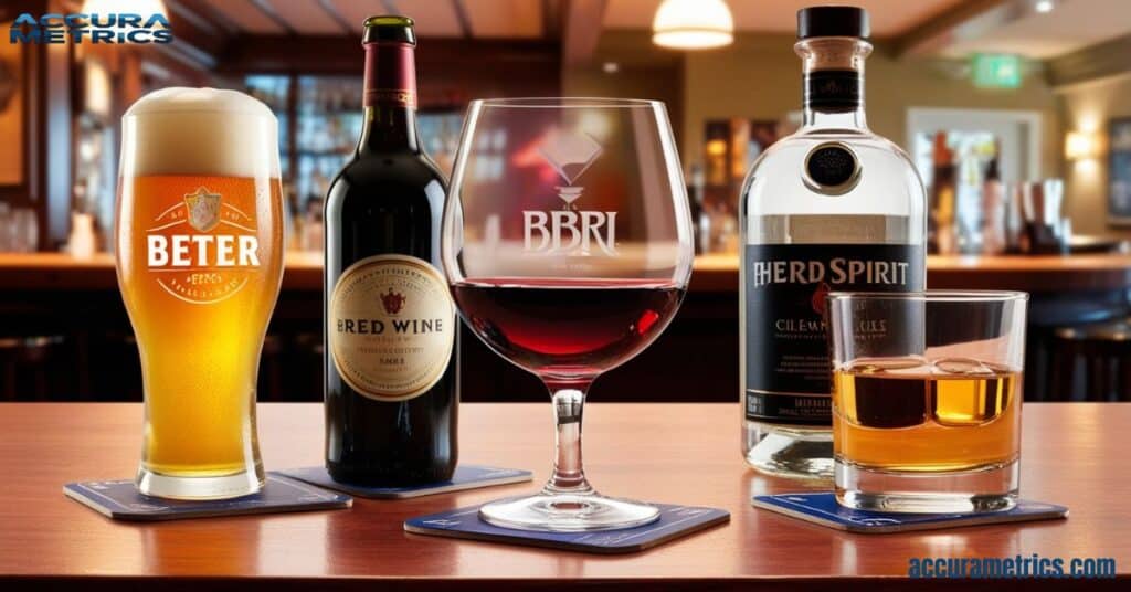 A glass of beer, a red wine glass, and a shot glass on a wooden bar, showcasing different alcoholic beverages without measurements.