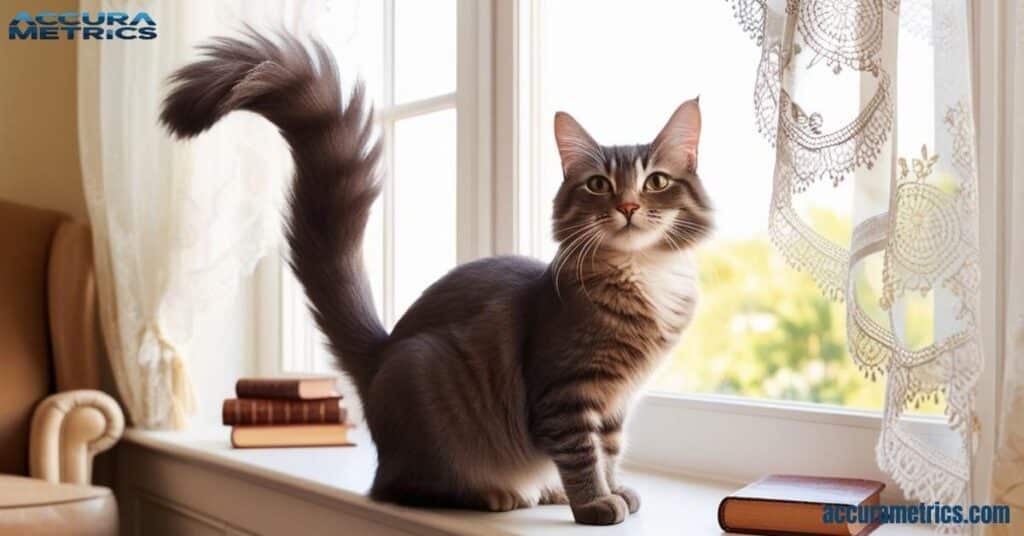 A playful cat with a tail measuring approximately 30 centimeters, sitting on a sunny windowsill.