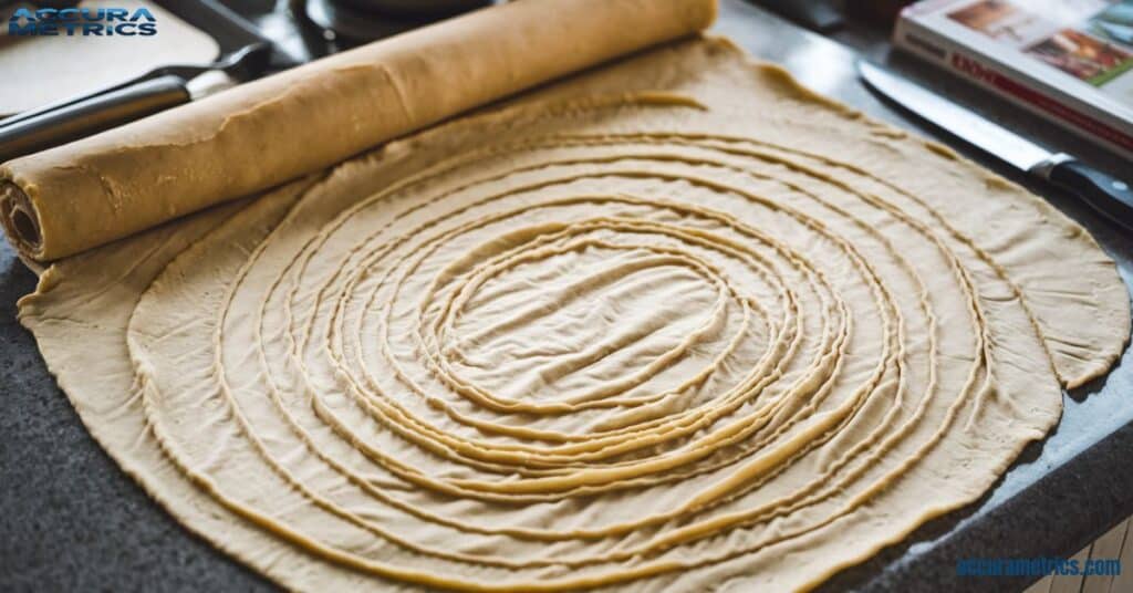 A sheet of phyllo dough measuring about 2 millimeters in thickness, ready for use in Mediterranean dishes.