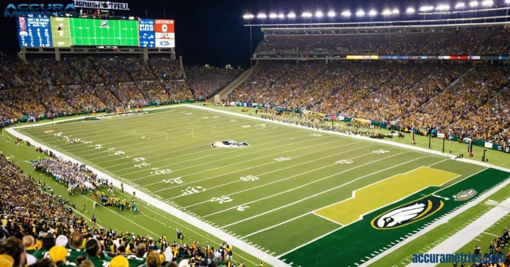 A vibrant NFL football field measuring 400 feet, with end zones and yard markers, filled with cheering fans under stadium lights, illustrating the scale of a regulation field.