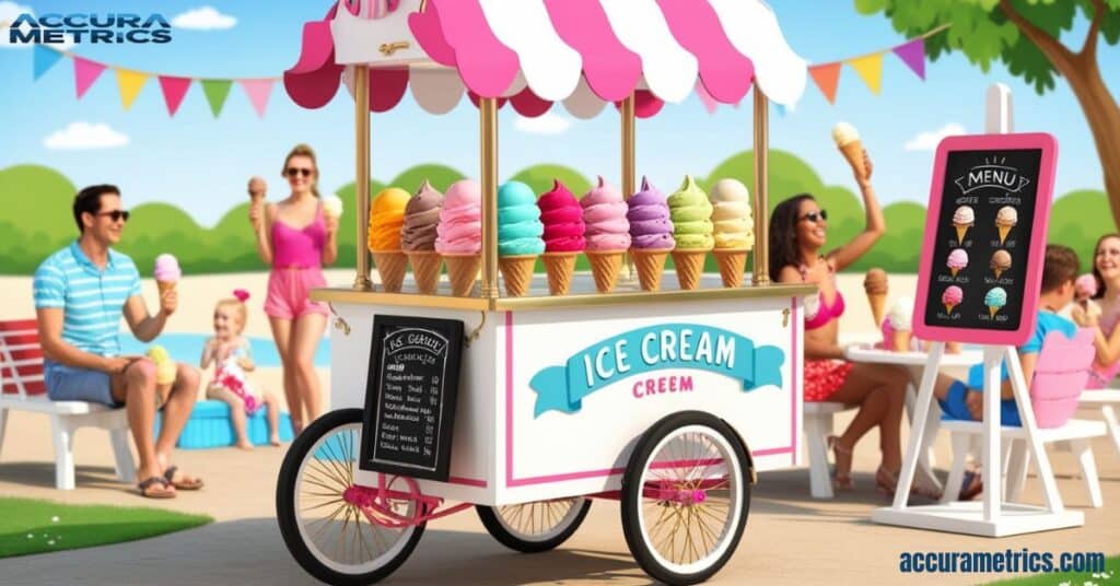 A vibrant ice cream cart in a sunny park, filled with colorful ice cream scoops and people enjoying ice cream cones, creating a festive summer atmosphere.