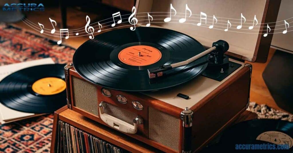 A vinyl record spinning on a vintage record player with musical notes in the air.