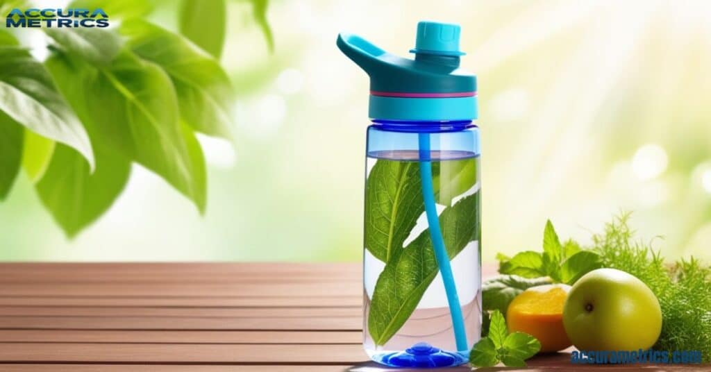 A water bottle filled with clear water, illustrating that 100 ml is one-fifth of 500 ml, helping track daily hydration goals.