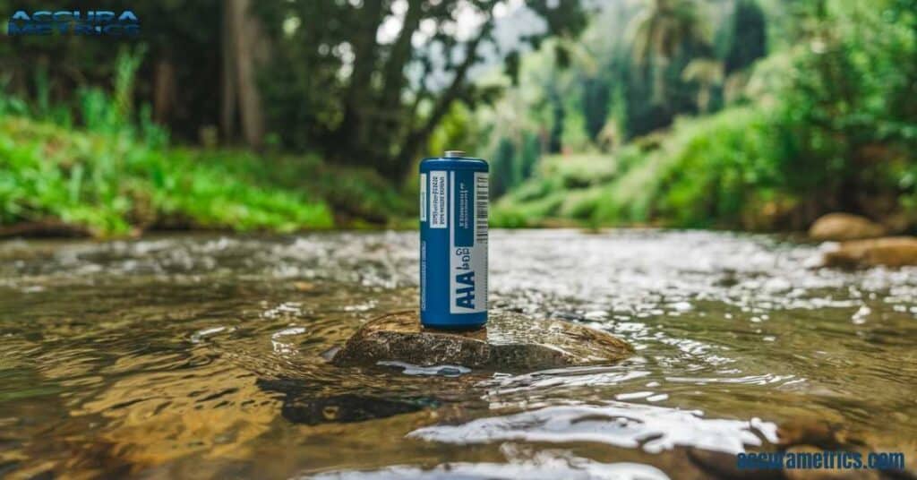 50 mm AA battery positioned on a rock by a flowing stream, symbolizing energy in nature.