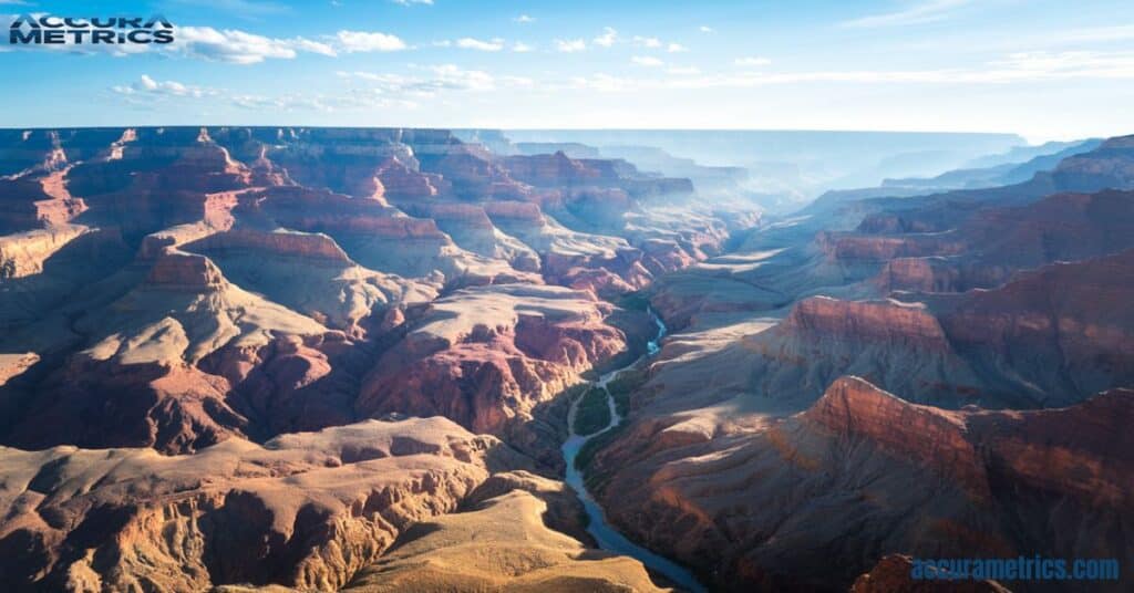 Aerial view of the Grand Canyon, showing its vastness compared to a 50 mile stretch.