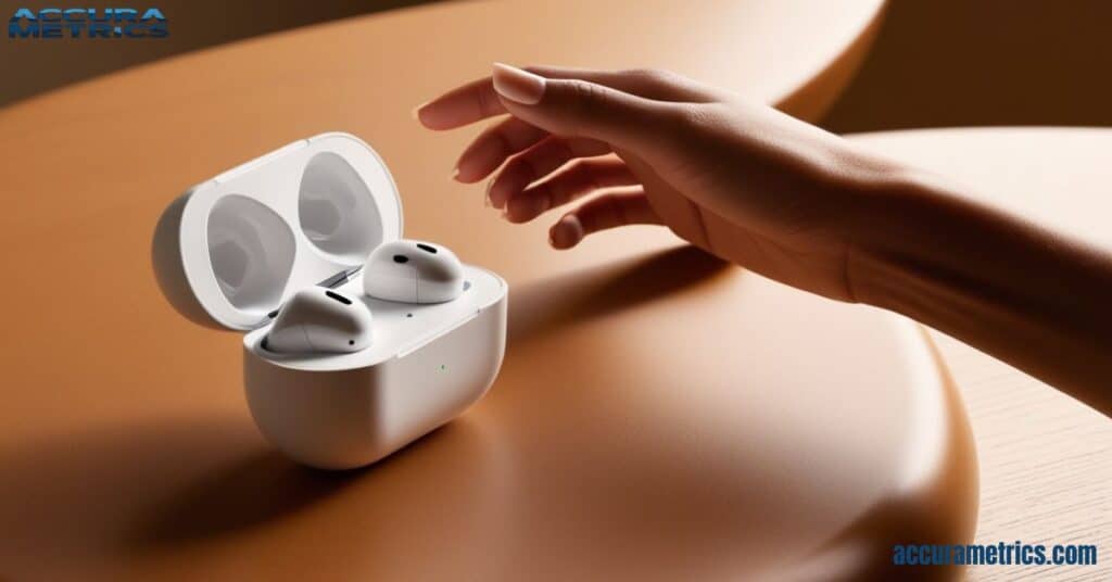 An open Air Pods case on a table.