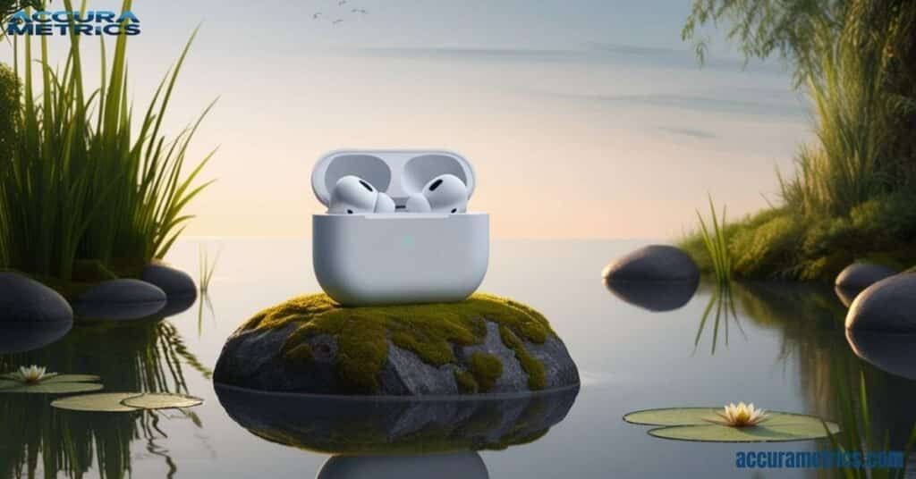 AirPods charging case resting on a rock near a tranquil pond, blending technology with nature.