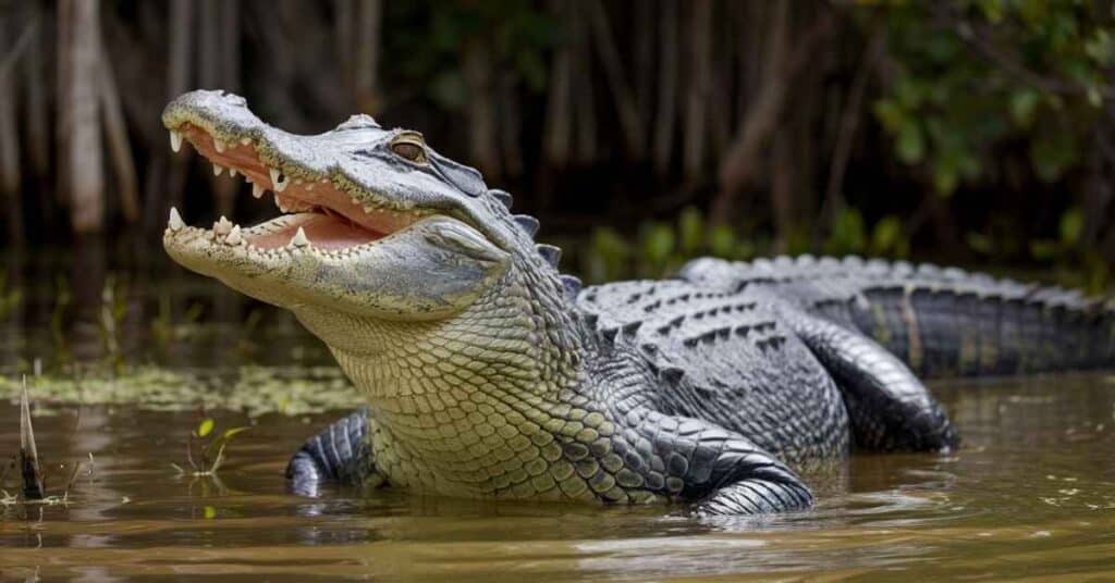 An American alligator basking peacefully in a lush, sunlit swamp, surrounded by vibrant greenery.