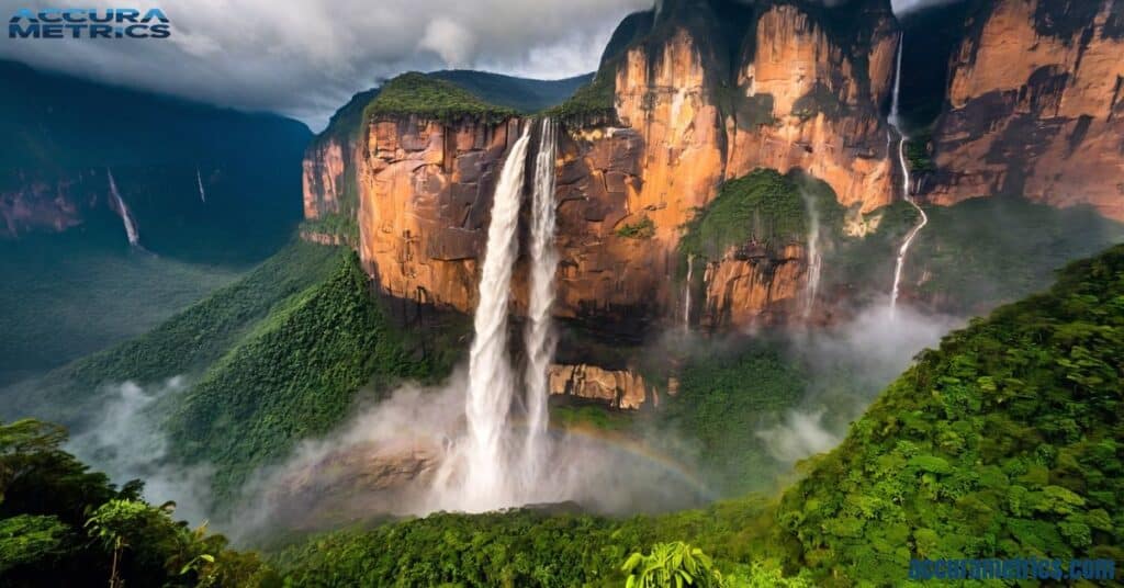 Angel Falls, the world's tallest uninterrupted waterfall, plunges 3,212 feet down a rocky cliff into a lush valley, with mist rising from the cascading water surrounded by vibrant rainforest.