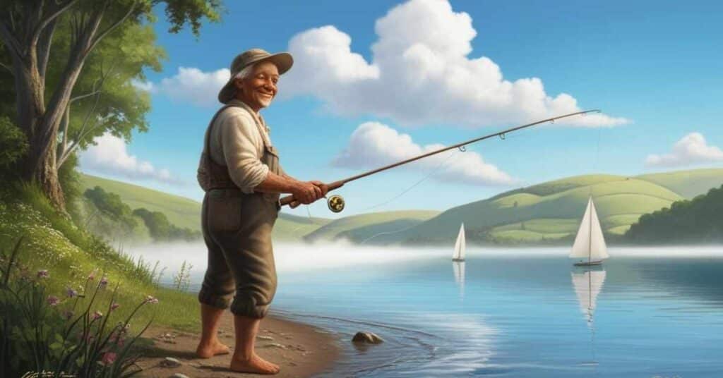 An angler with a fishing rod stands at a picturesque shoreline, from the water's edge.