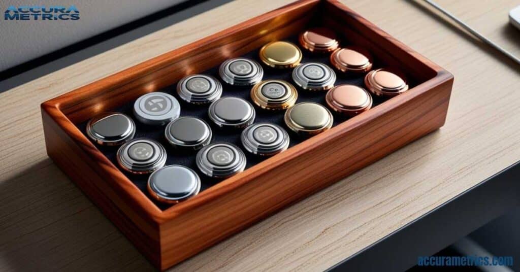 Assorted watch batteries in a wooden tray on a desk.