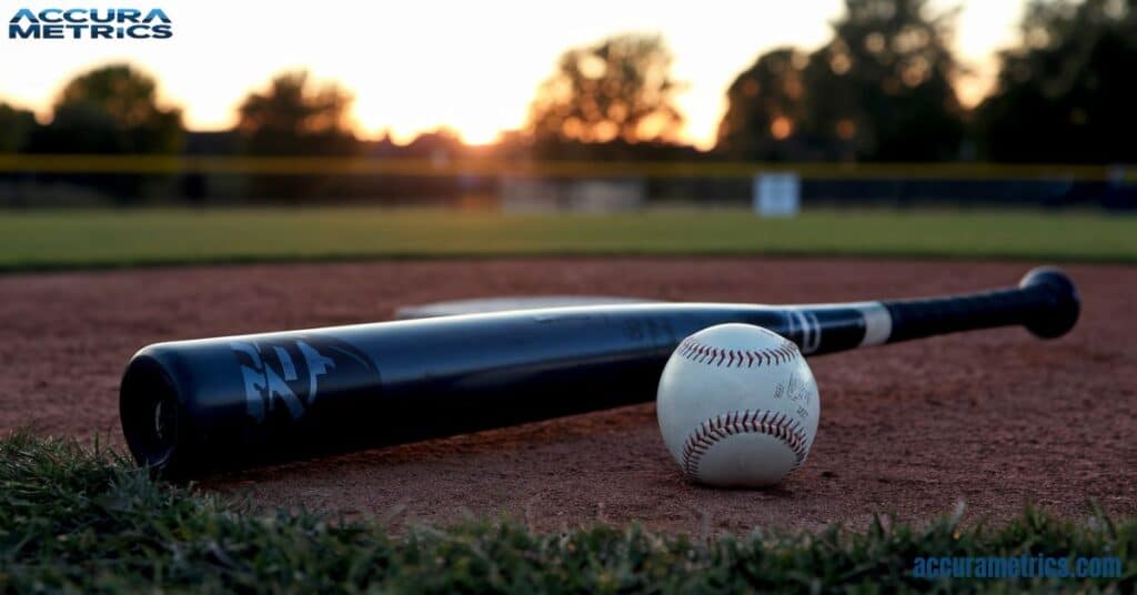 3 feet Baseball bat lying on a baseball field with a sunset backdrop.